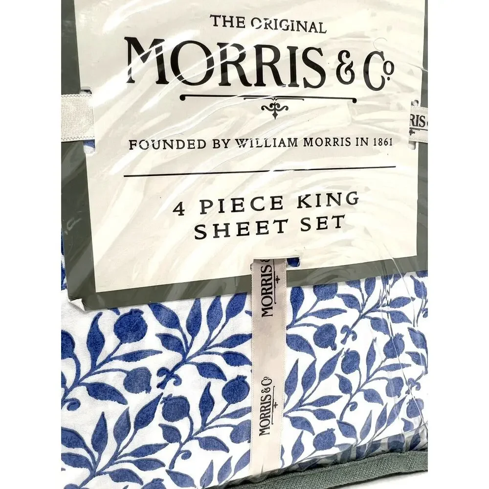 William Morris & Co. KING Sheet Set Blue White Blueberries 100% Cotton 4 pcs